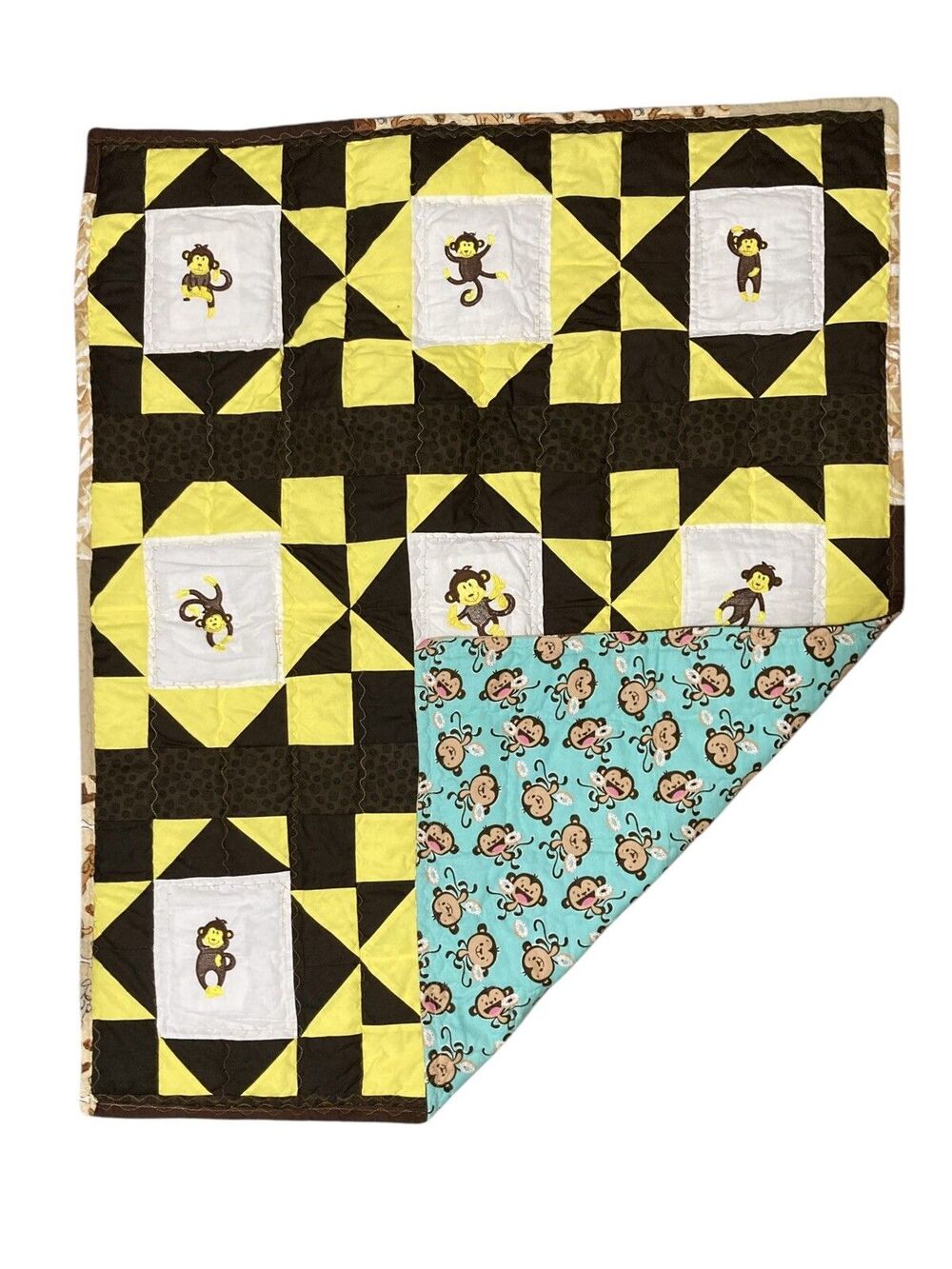 Handmade Baby Quilt Embroidered Monkeys Two Sided 38” x 46” Cotton Fleece